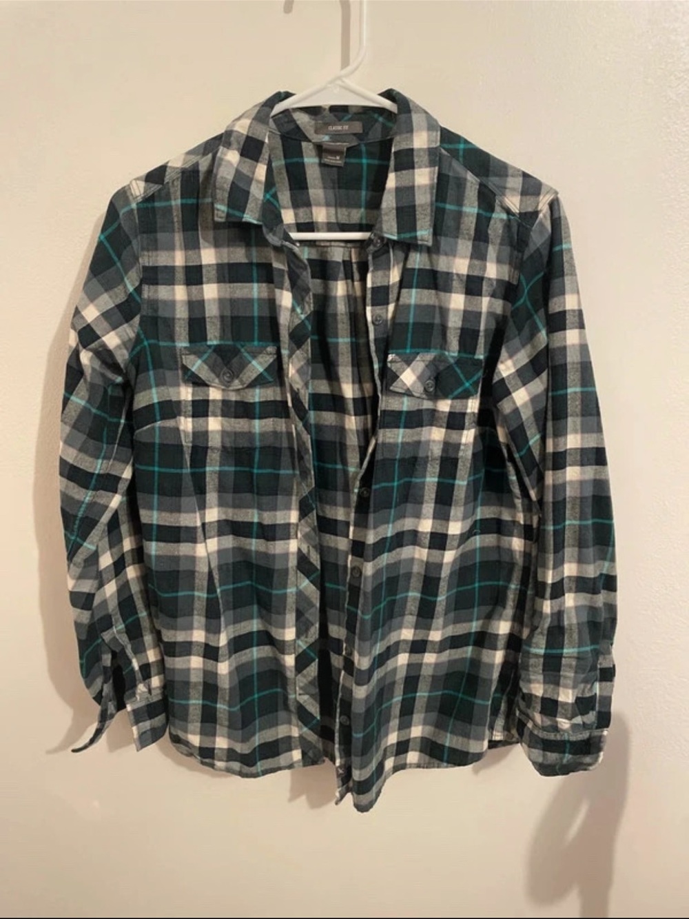 Eddie Bauer Plaid Button-Down Shirt - Black/White/Teal